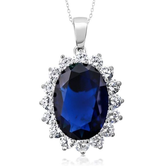 .925 Sterling Silver and Blue Sapphire & Cubic Zirconia Pendant Chain Necklace - Picture 1 of 5
